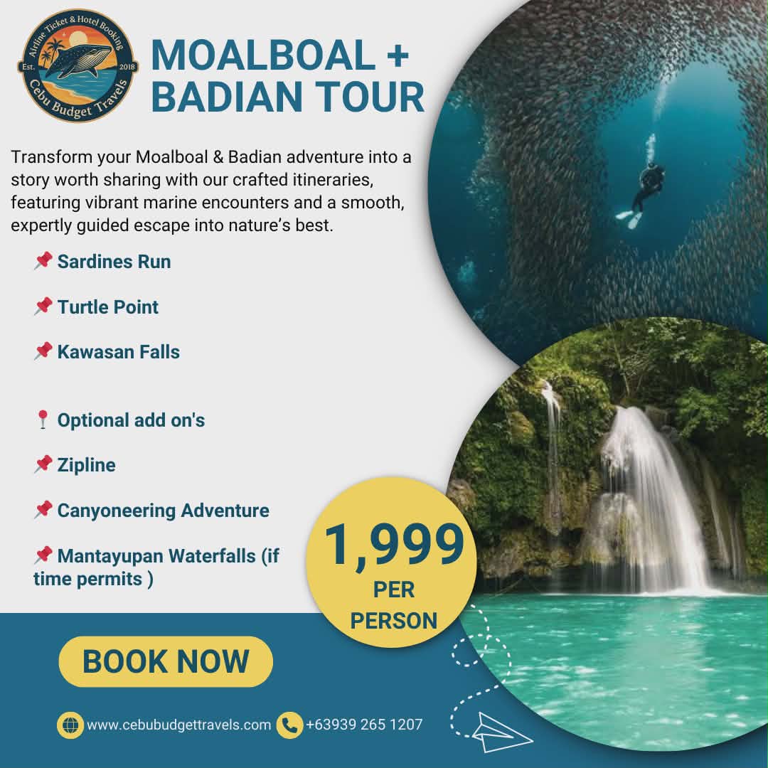 Adventurers enjoying the stunning Kawasan Falls in Moalboal, Cebu.