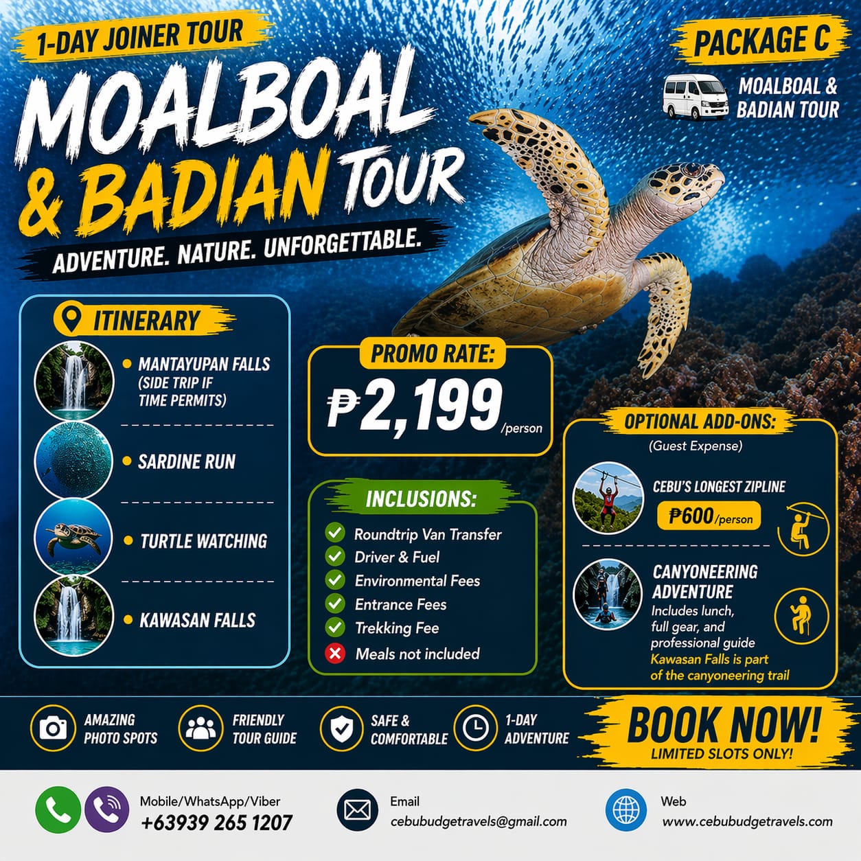 Adventurers enjoying the stunning Kawasan Falls in Moalboal, Cebu.